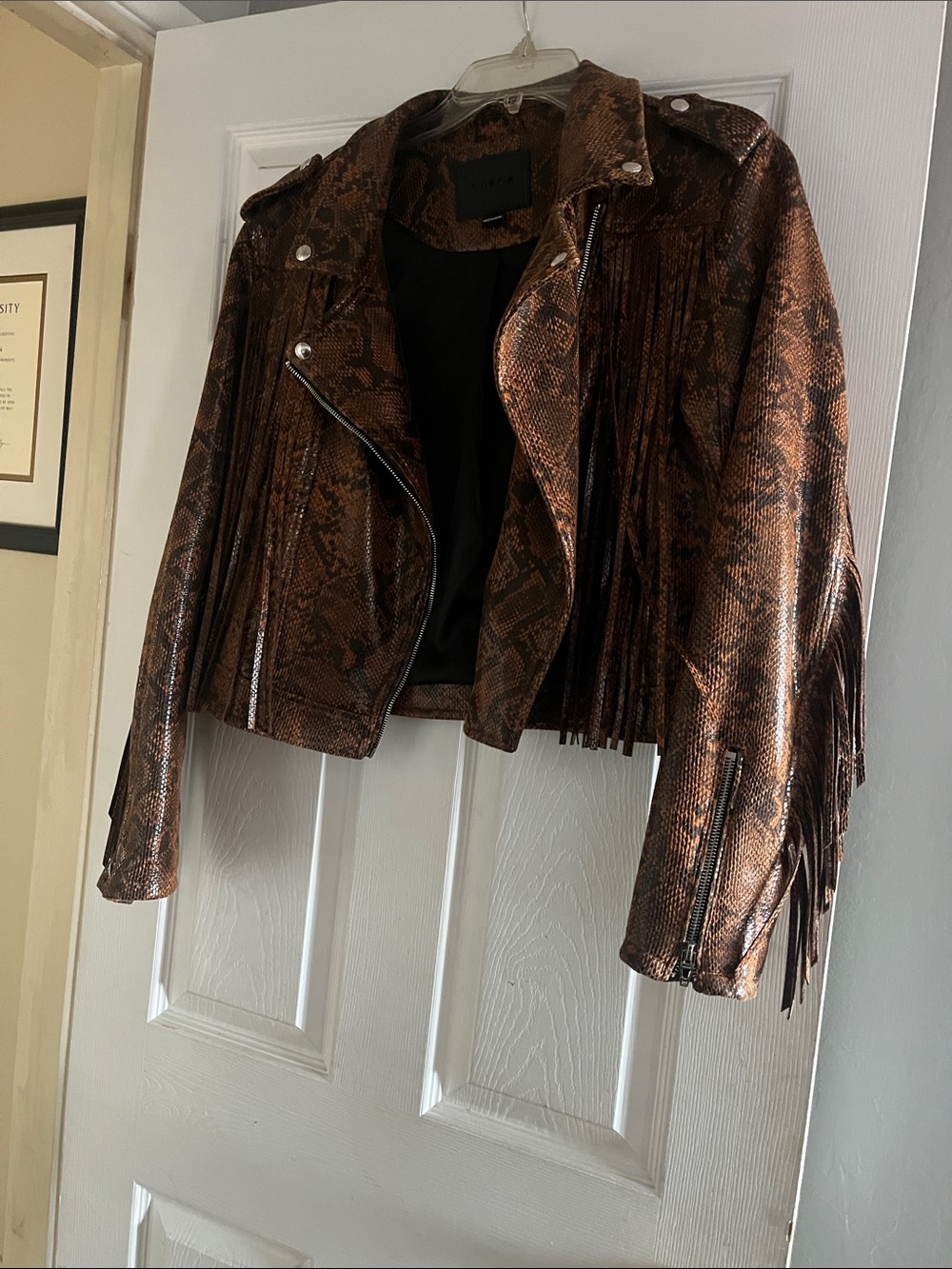 Women’s Snake-Print Fringe Moto Jacket - Brown